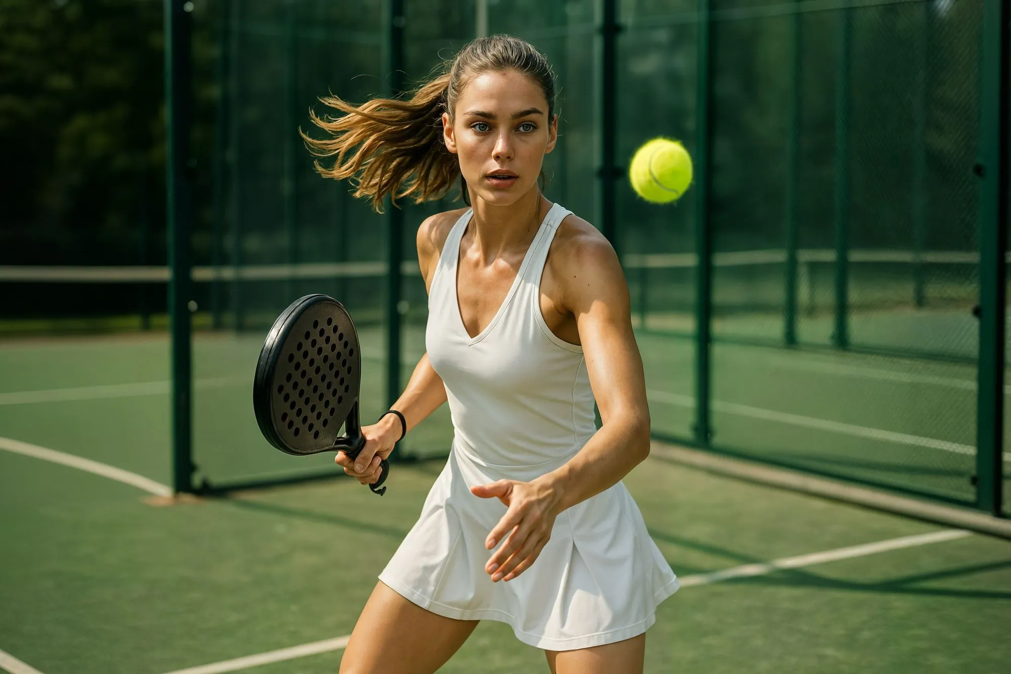 A female tennis player in action on the court.