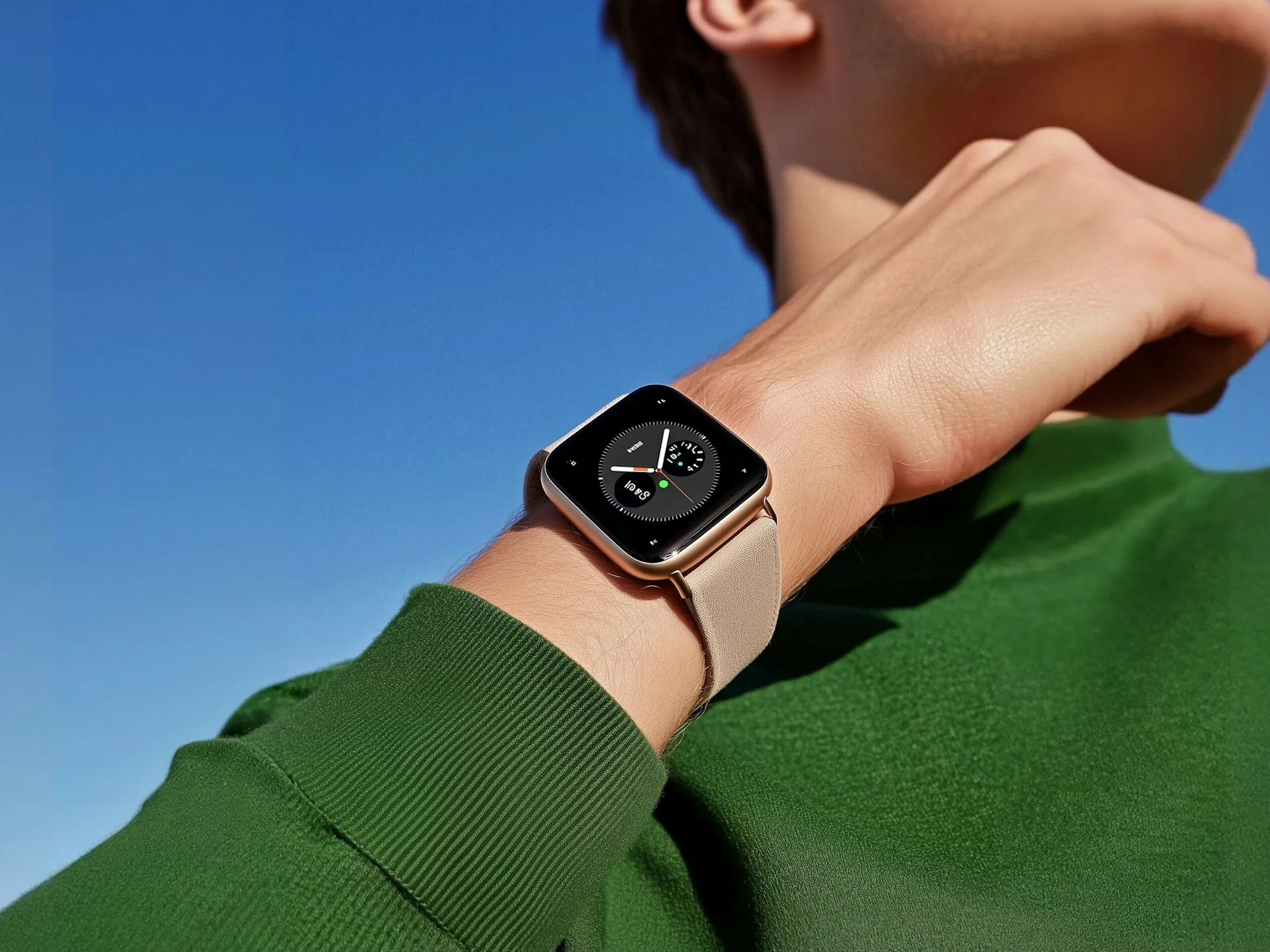 A person wearing a watch with a sky background.