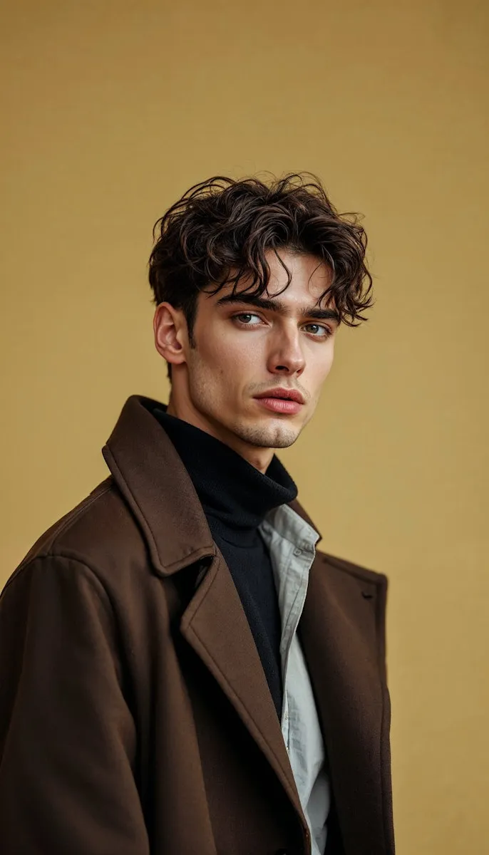 A man with curly hair wearing a brown coat.