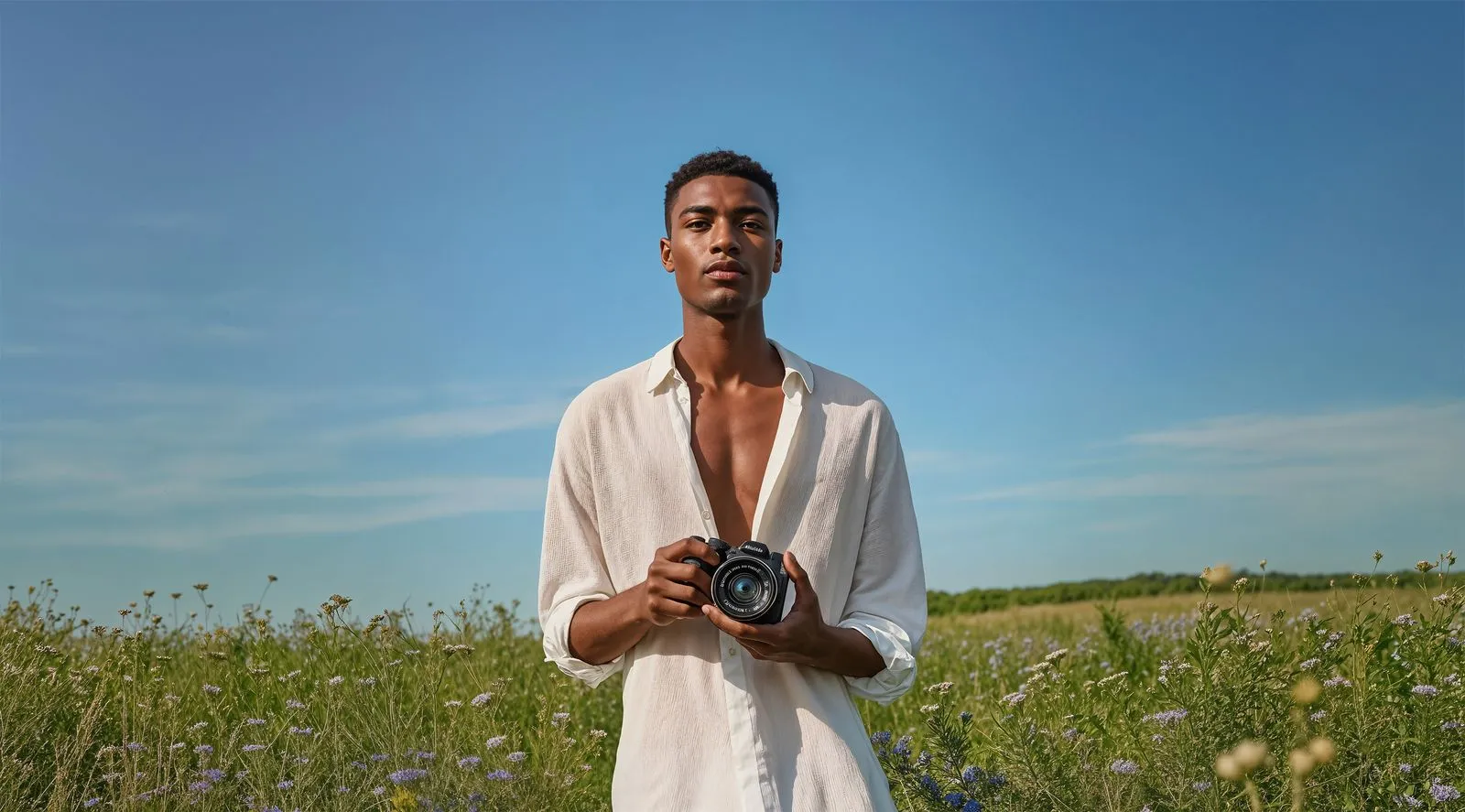 A man standing in a field holding a camera.