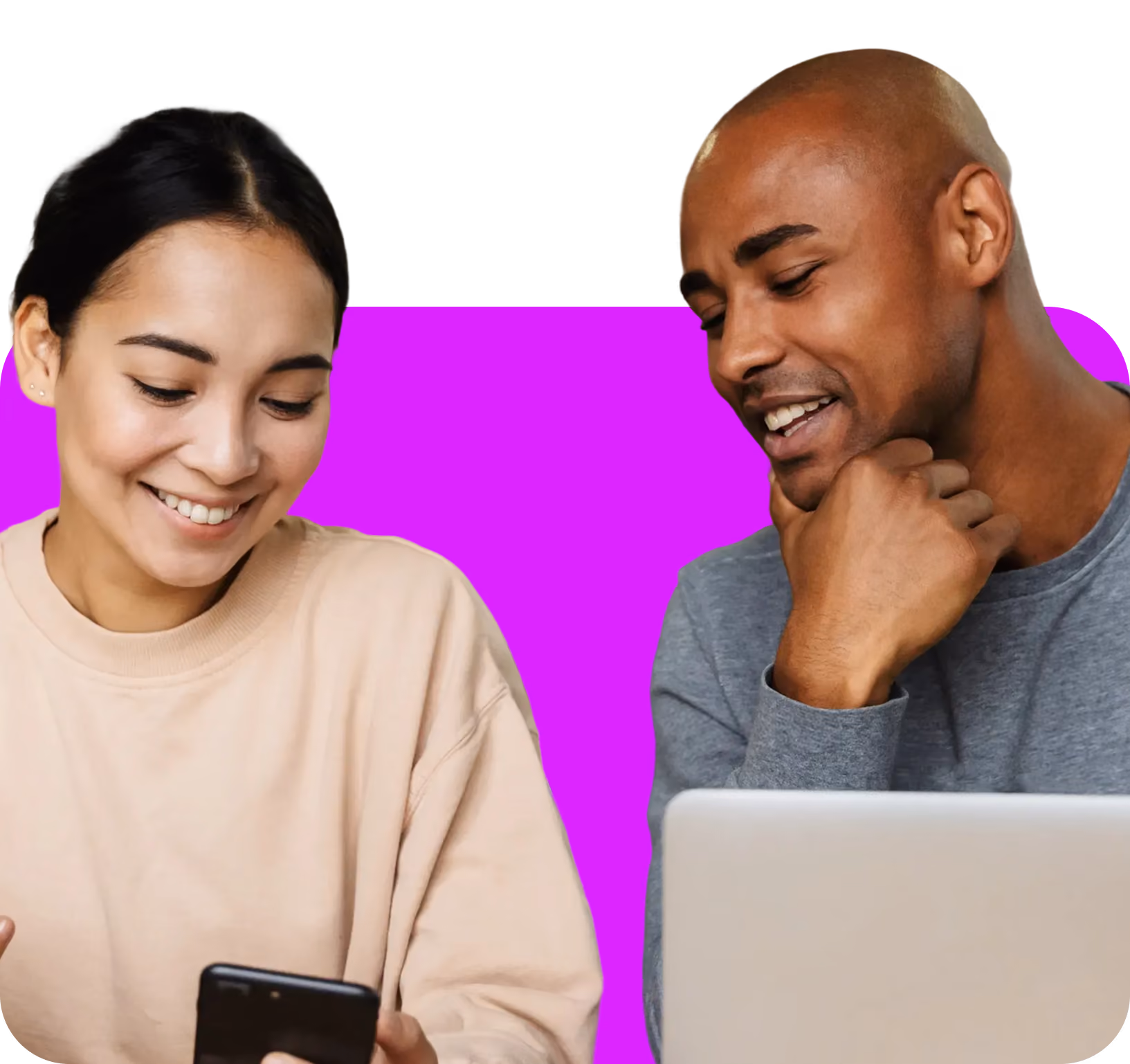 Smiling woman showing phone to man with laptop, both seated against a purple background.