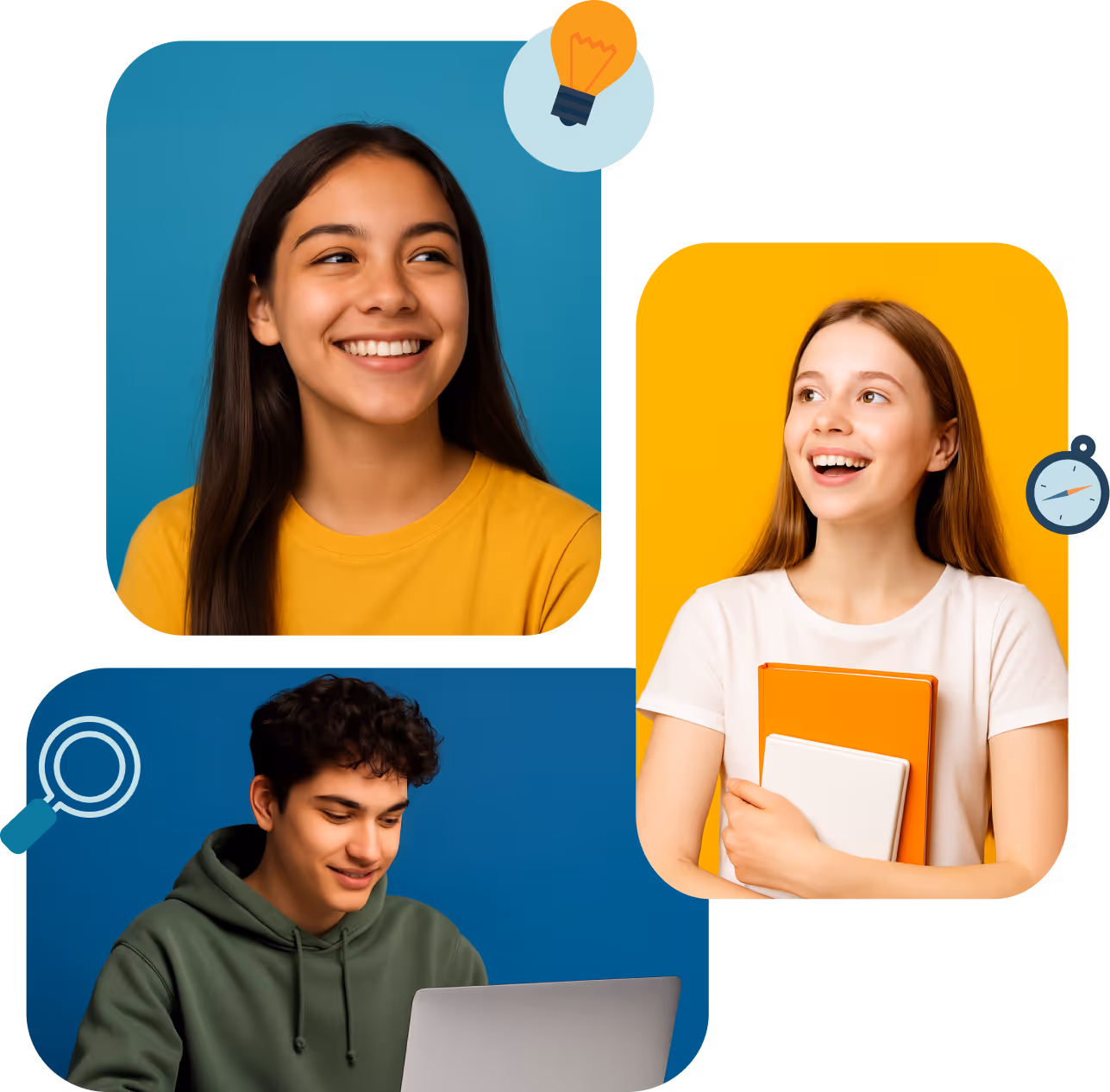 Collage con tres jóvenes: una chica sonriente con camiseta amarilla frente a fondo azul, otra chica con camiseta blanca y libros en brazos frente a fondo amarillo, y un joven con sudadera verde usando una laptop frente a fondo azul.