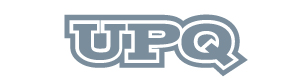 Logotipo con las letras 'UPQ' en mayúsculas y estilo tipográfico gris con borde blanco.
