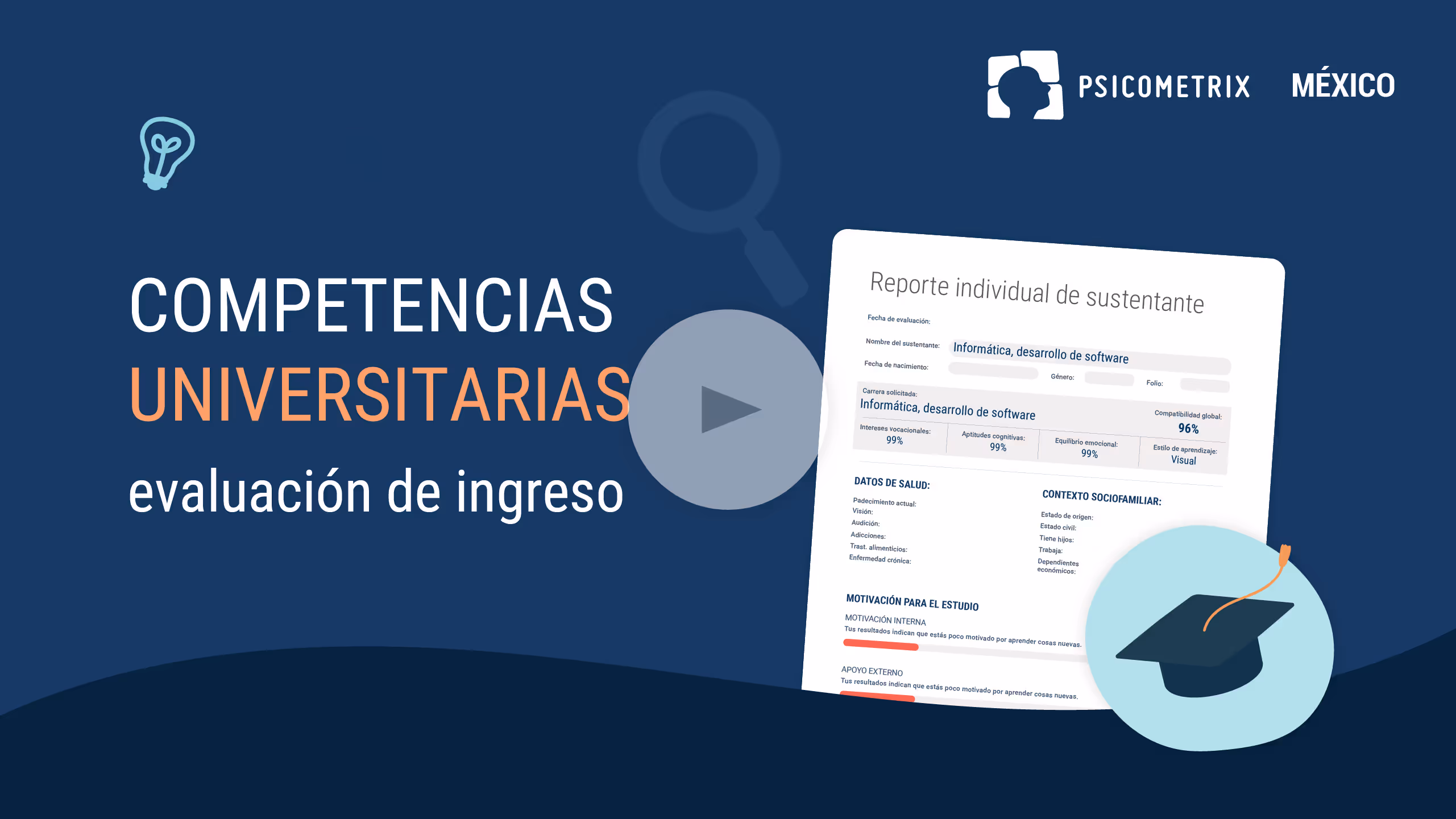 Pantalla azul con texto 'Competencias universitarias evaluación de ingreso', logo de Psicomatrix México, y reporte individual de sustentante con icono de birrete.