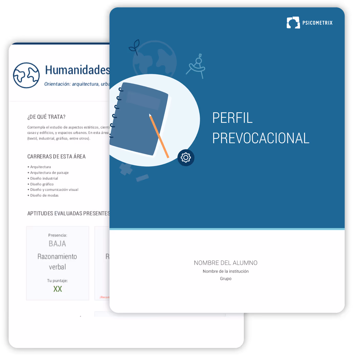 Portada de un reporte prevocacional azul con ilustración de cuaderno y lápiz, y detrás texto sobre humanidades con carreras y aptitudes evaluadas.