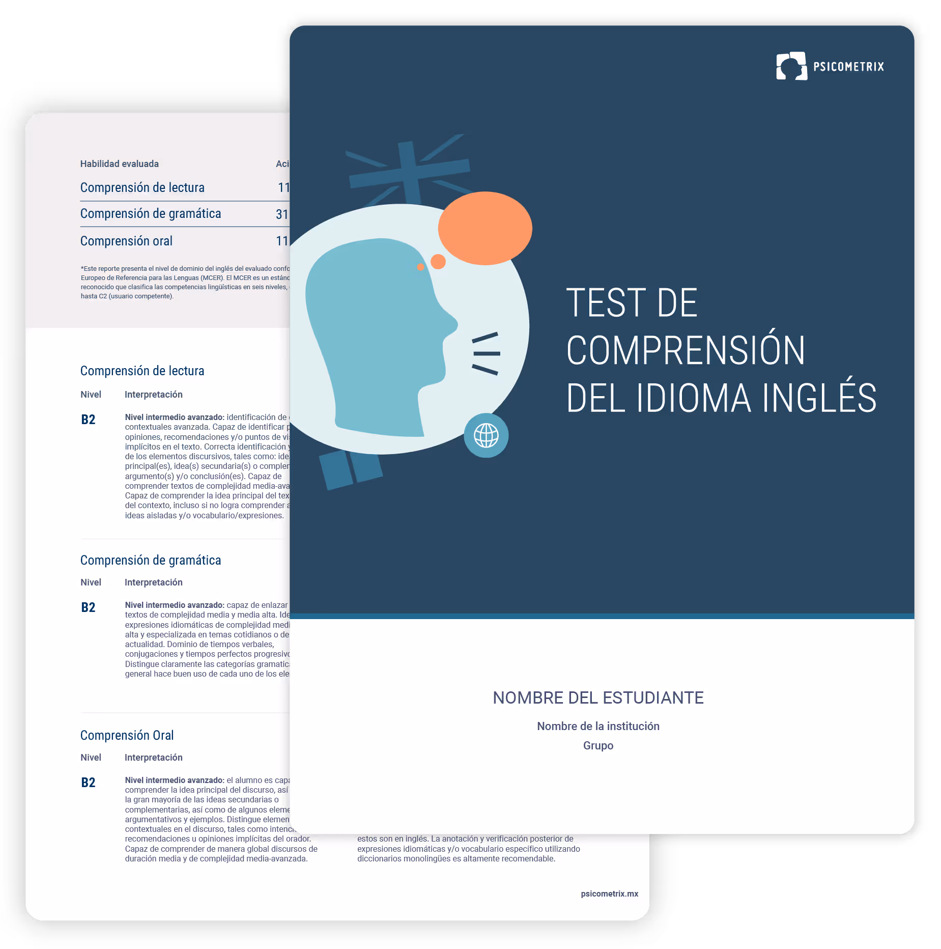 Portada de un reporte titulado Test de Comprensión del Idioma Inglés con ilustración de perfil humano y burbuja de diálogo, espacios para nombre del estudiante, institución y grupo.