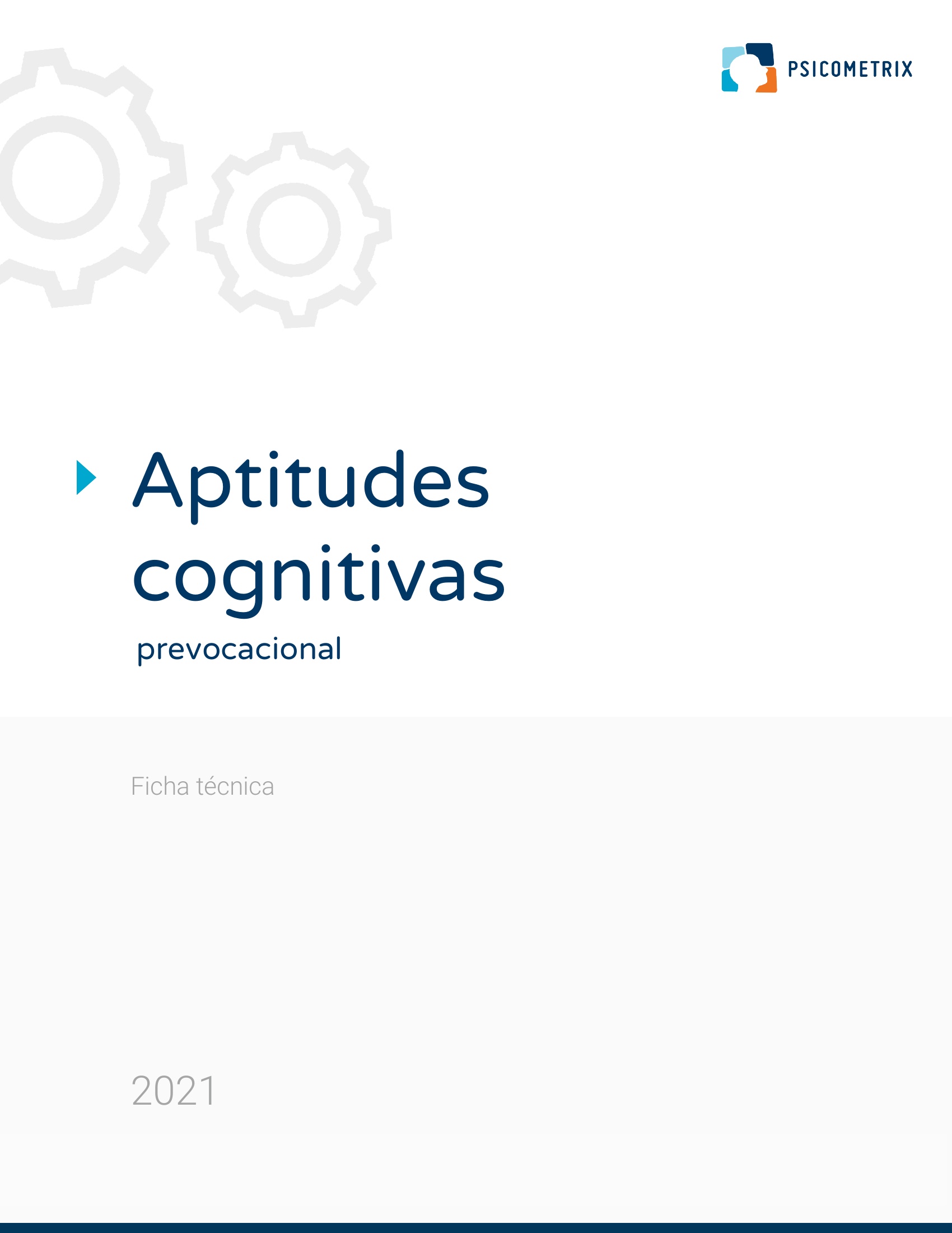 Portada de ficha técnica titulada Aptitudes cognitivas prevocacional con logotipo de Psicomotrix y figuras de engranajes.