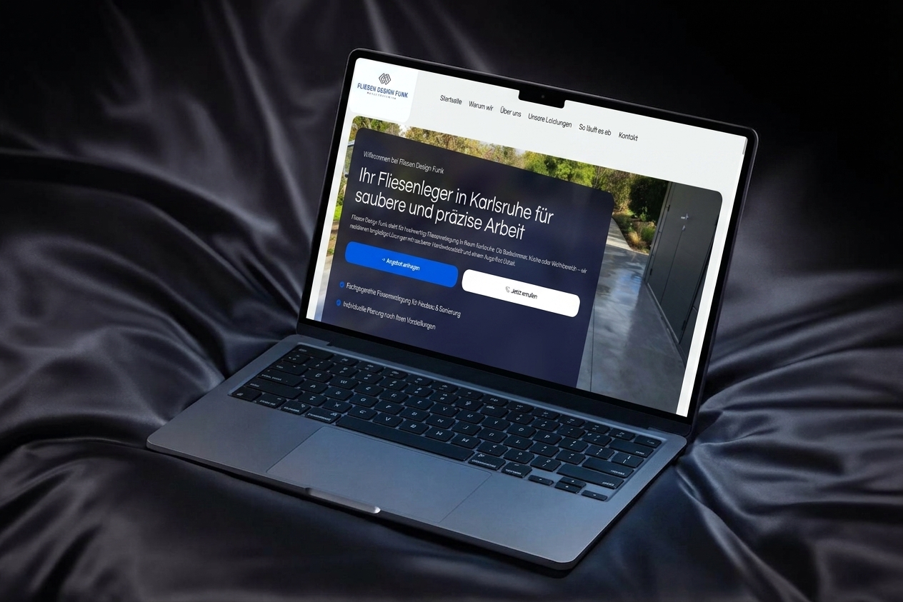 Startseite der Website von Fliesen Design Funk auf einem Laptop