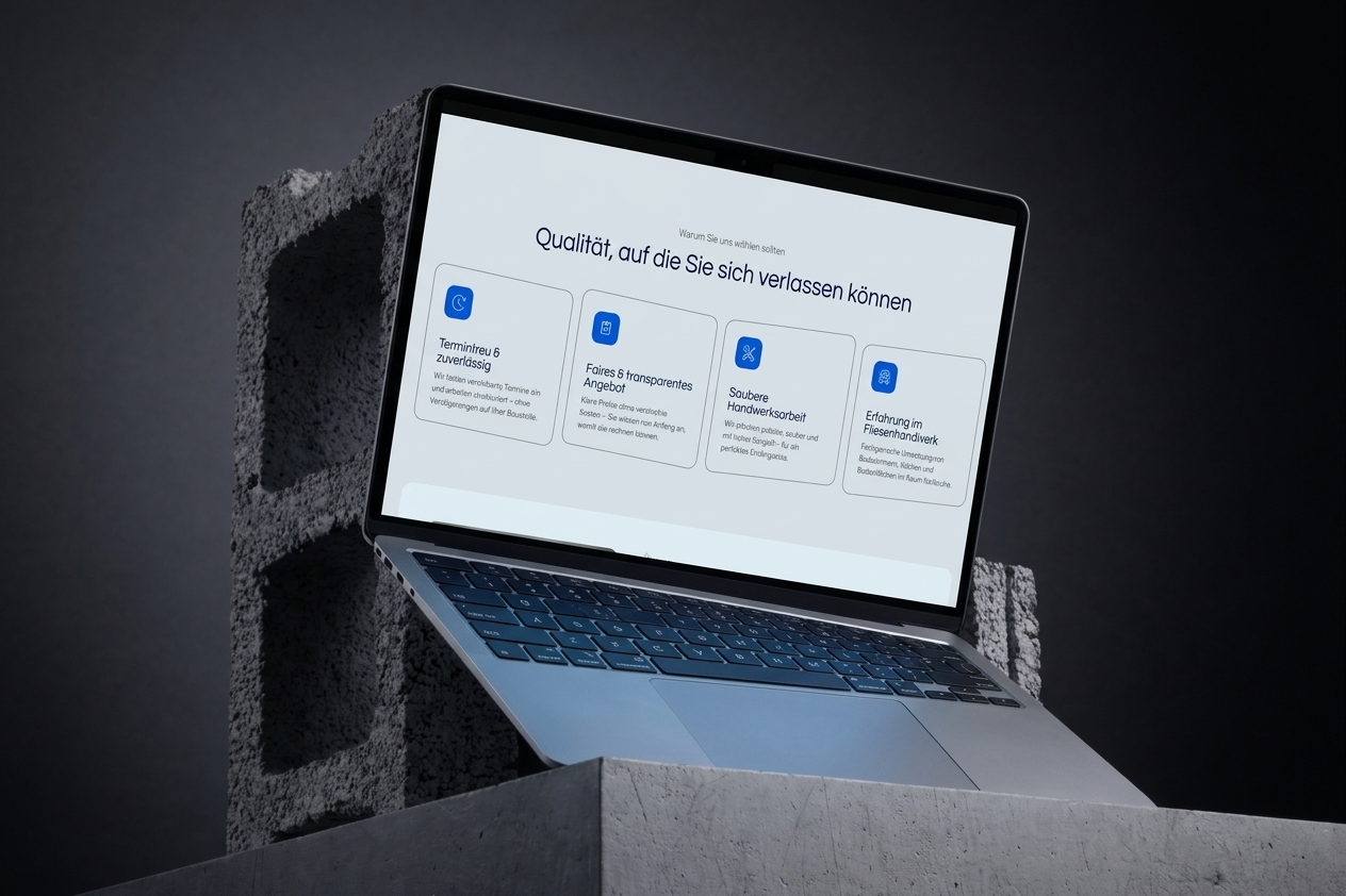 Vorteile-Sektion der Fliesen-Design-Funk-Website auf einem Laptop