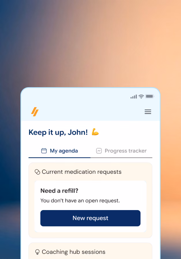 Mobile app screen showing a medication management interface with sections for current medication requests and coaching hub sessions, featuring a greeting 'Keep it up, John!' and a button labeled 'New request'.