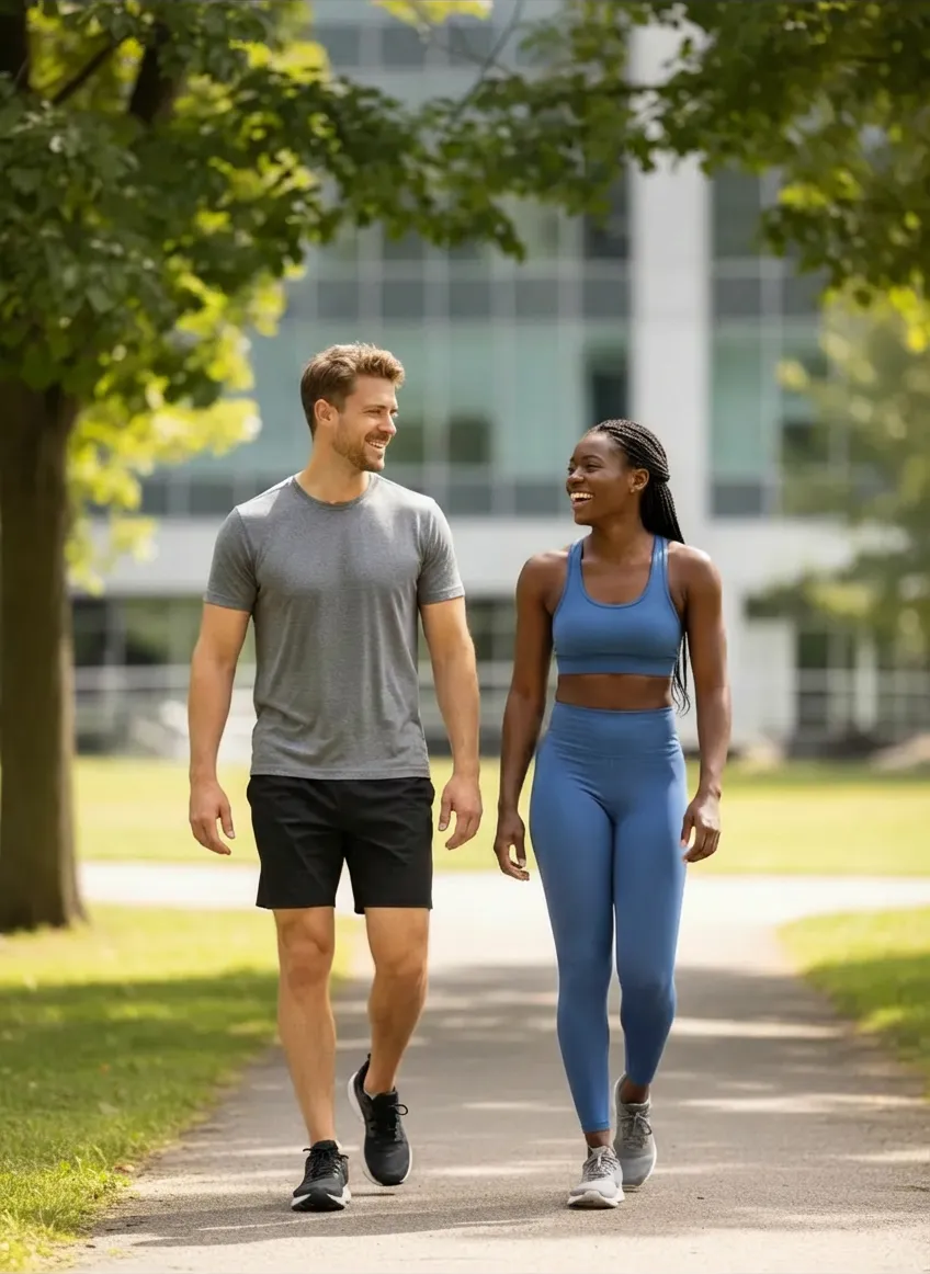 Man in gray t-shirt and black shorts walking and smiling with woman in blue sports bra and leggings on a park path.