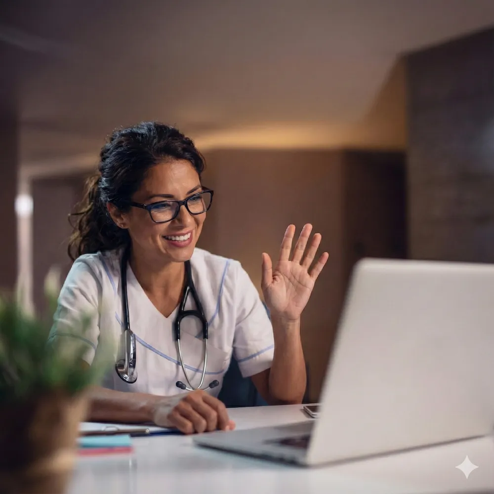 Smiling female doctor with glasses and stethoscope waving during a video call on a laptop.