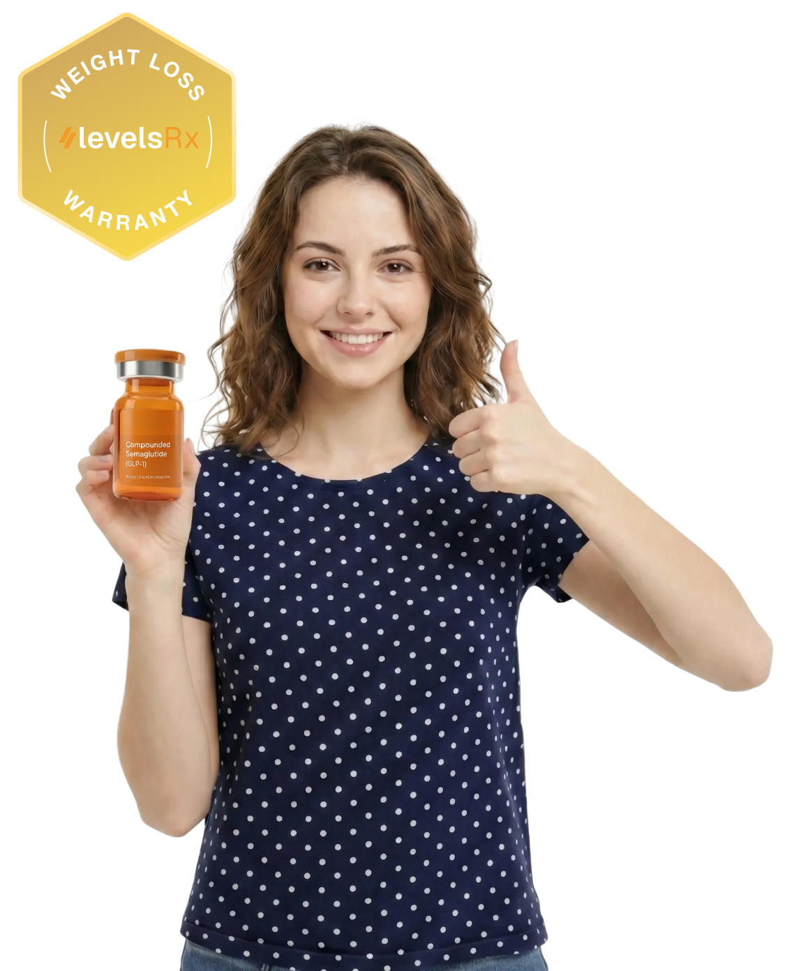 Smiling woman in blue shirt holding an orange bottle labeled for weight loss and giving a thumbs up with a weight loss warranty badge nearby.