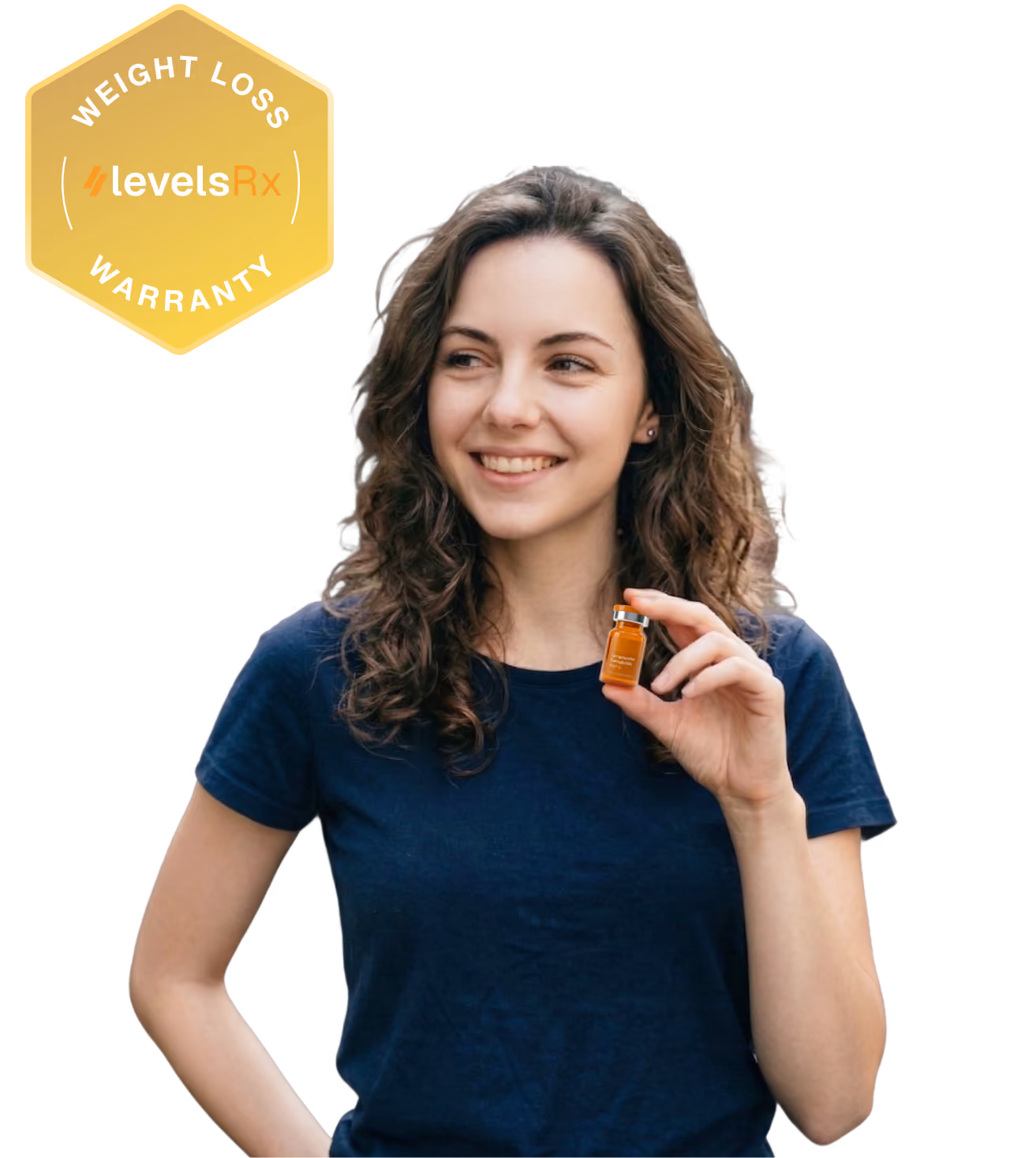 Smiling woman in blue shirt holding an orange bottle labeled for weight loss and giving a thumbs up with a weight loss warranty badge nearby.