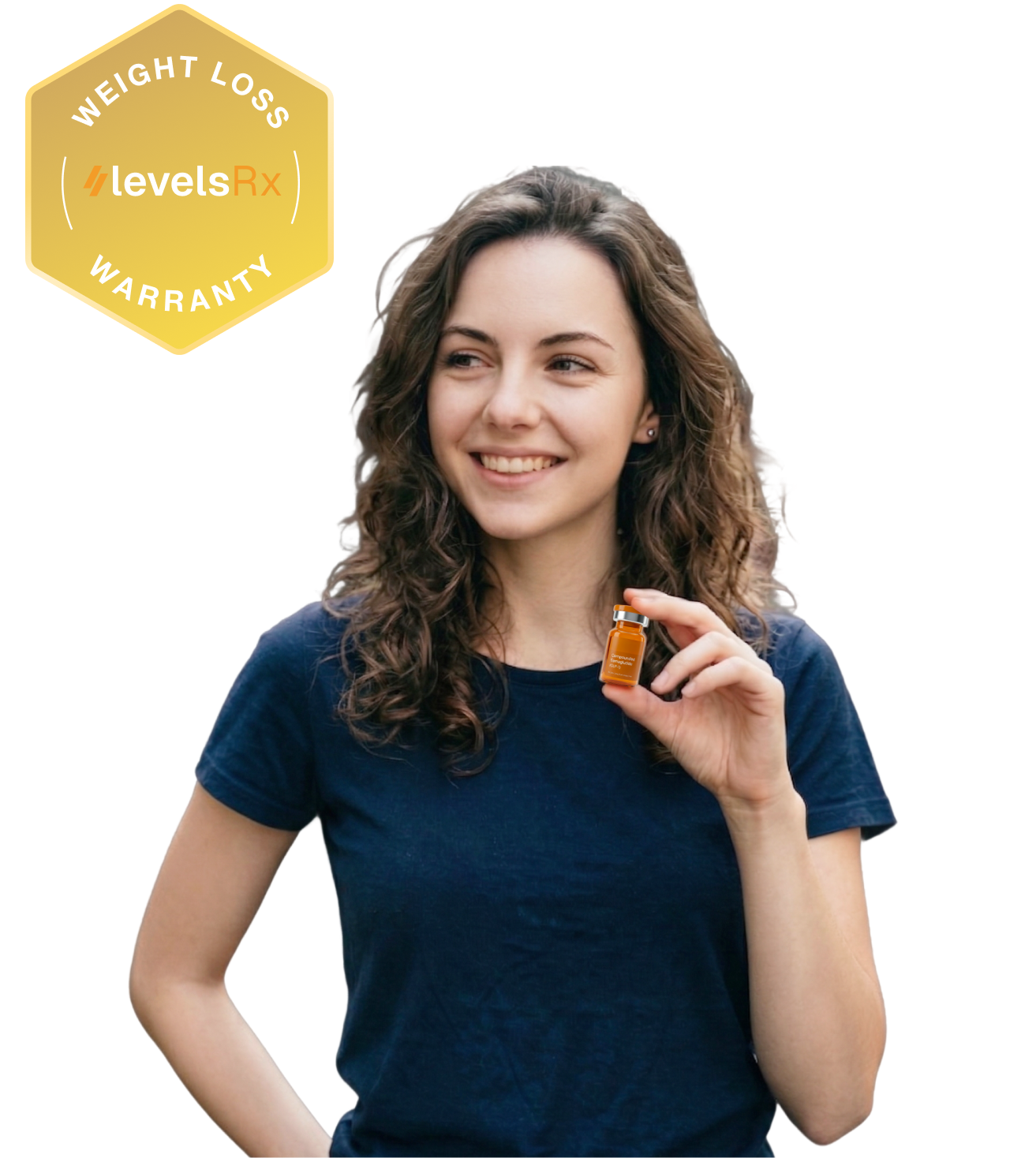 Smiling woman in blue shirt holding an orange bottle labeled for weight loss and giving a thumbs up with a weight loss warranty badge nearby.