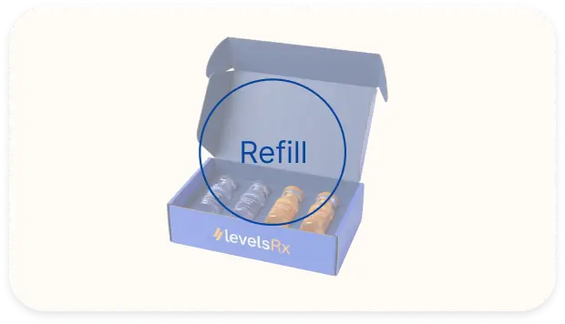 Open blue LevelsRx box containing four vials with text 'Refill' overlay.