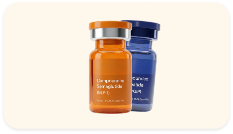 Two medication vials labeled LevelsRx, one orange labeled Compounded Semaglutide (GLP-1), and one blue labeled Compounded Tirzepatide (GIP).