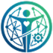 Human figure with outstretched arms surrounded by circular geometric shapes including a star, atom, and gear symbol.