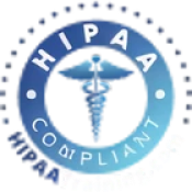 Circular HIPAA Compliant badge with a caduceus symbol in the center.