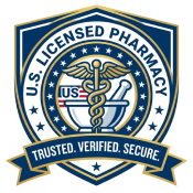 Seal with caduceus, mortar and pestle, text 'U.S. Licensed Pharmacy' and banner reading 'Trusted. Verified. Secure.'
