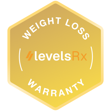 Gold hexagonal badge with text 'Weight Loss Warranty' surrounding the Levels Rx logo in the center.