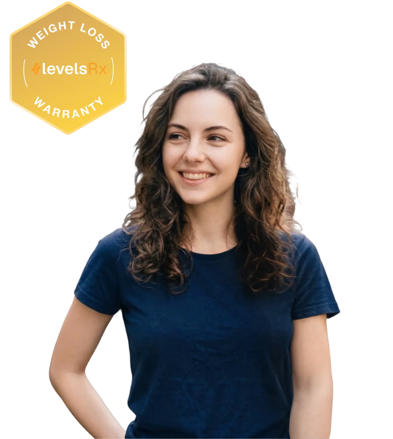 Smiling young woman with curly brown hair wearing a navy blue t-shirt, shown from the waist up, next to a yellow hexagonal badge reading 'Weight Loss Warranty levelsRx'.