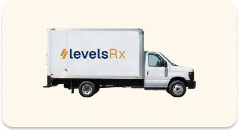 White delivery truck with the LevelsRx logo in blue and orange on its side.