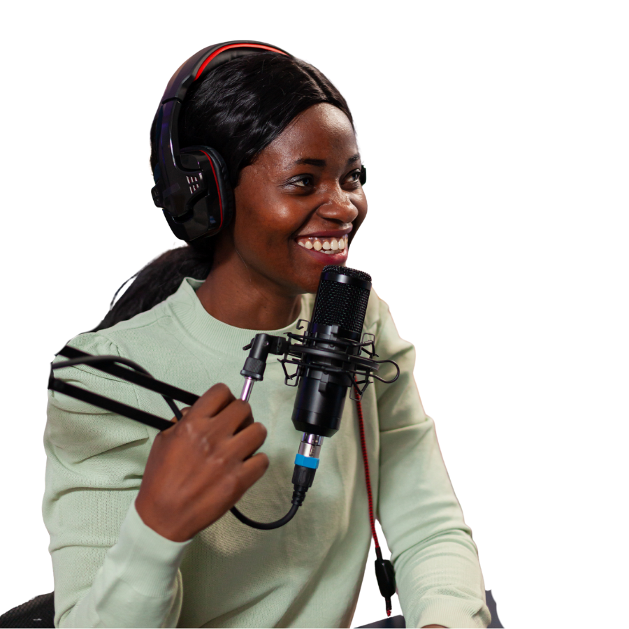 Content creator speaking into a microphone during a livestream