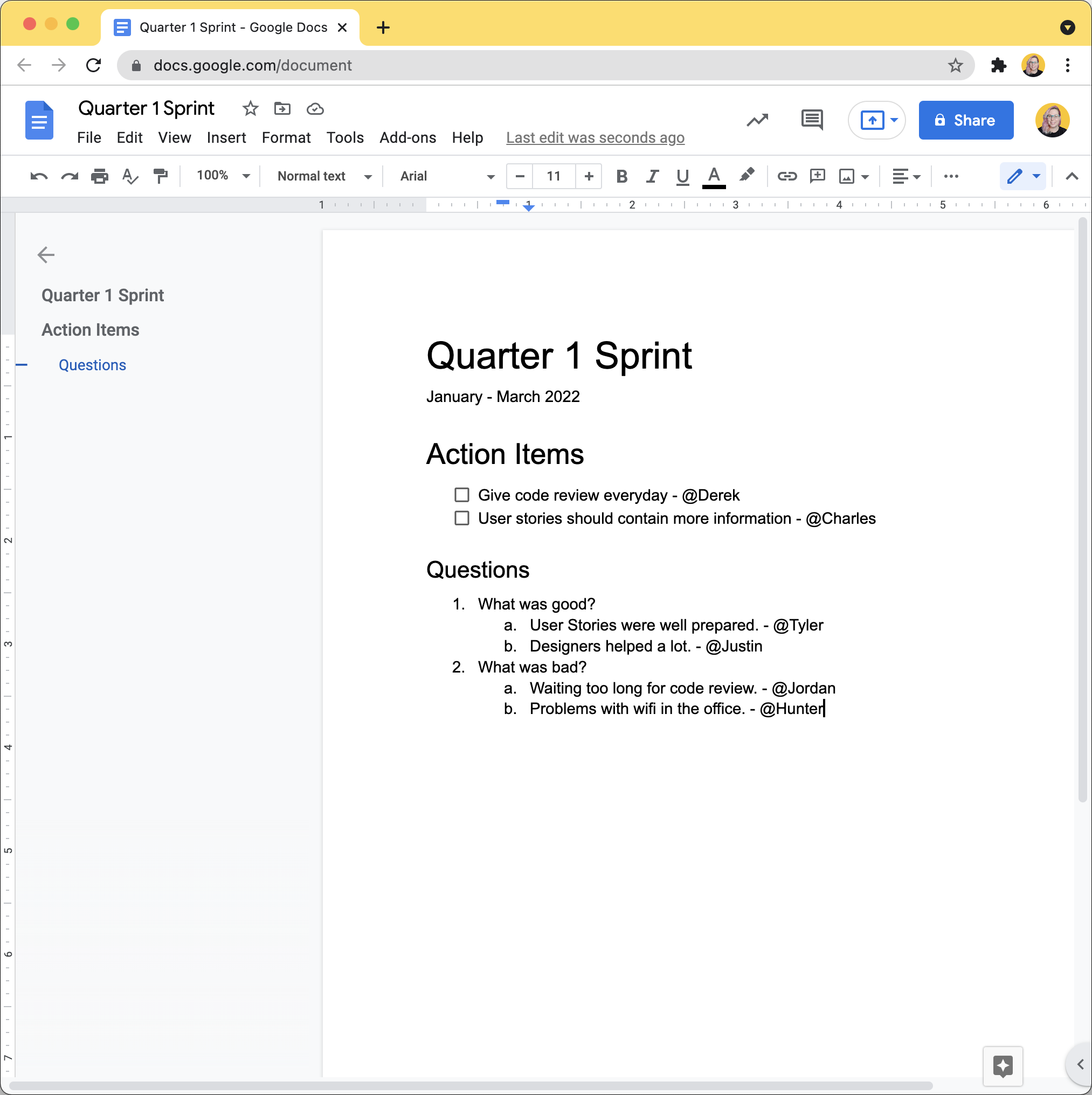 Example collaboration using a Google Doc.