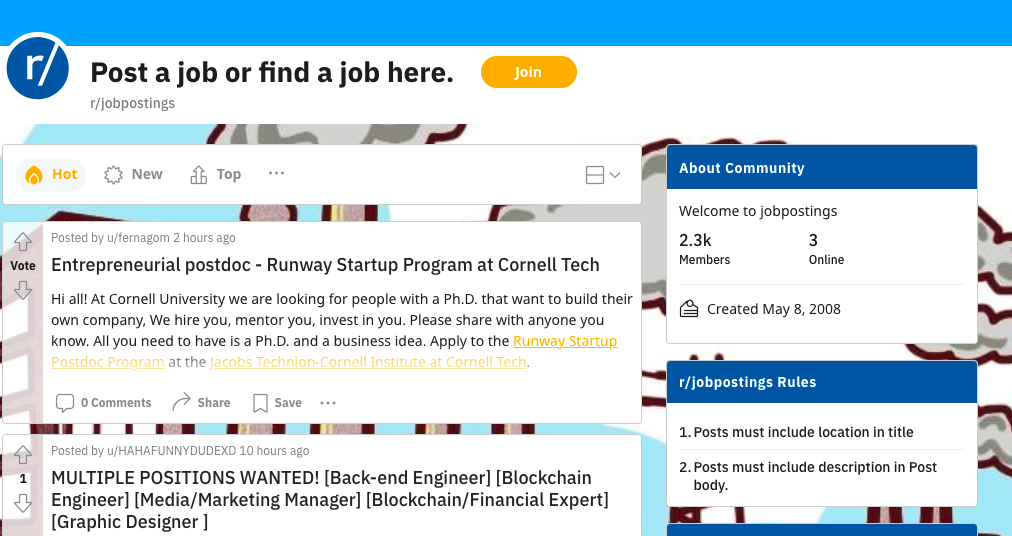 Reddit job postings page