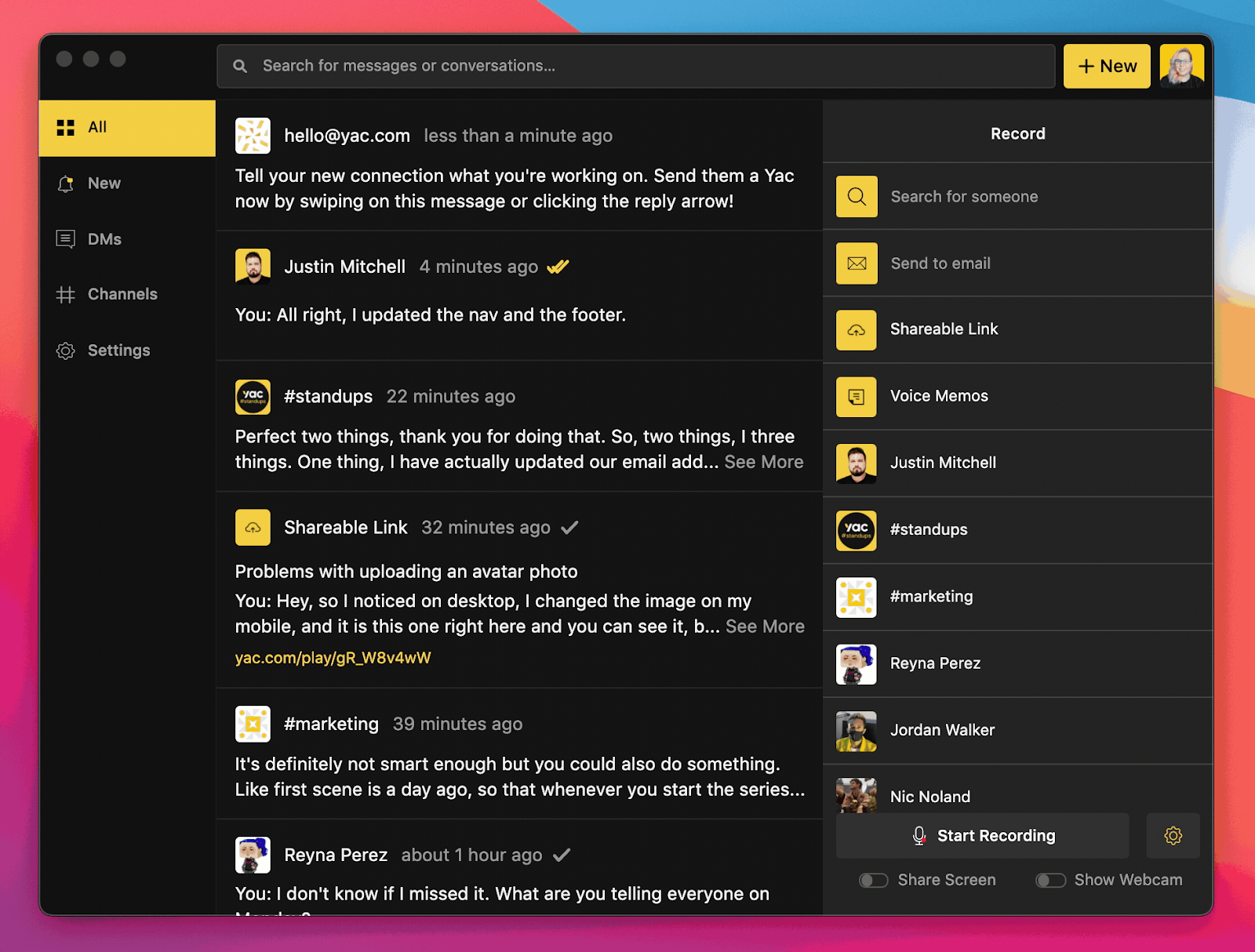 Screenshot showing what the main screen looks like with Yac's desktop app.