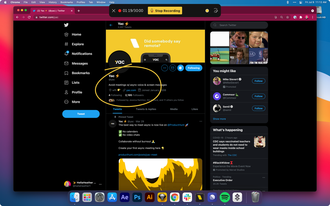 Screenshot showing what screen sharing looks like with Yac's desktop app.