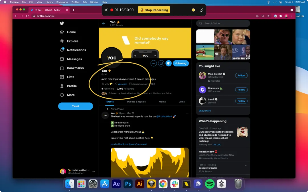 Screenshot showing what screen sharing looks like with Yac's desktop app.