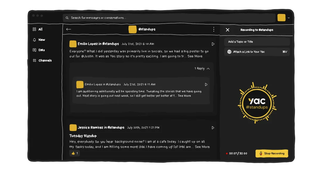 Screenshot showing what recording a yac looks like with Yac's desktop app.