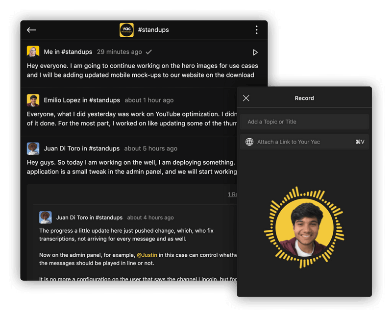 Screenshot showing what recording a yac looks like with Yac's desktop app.