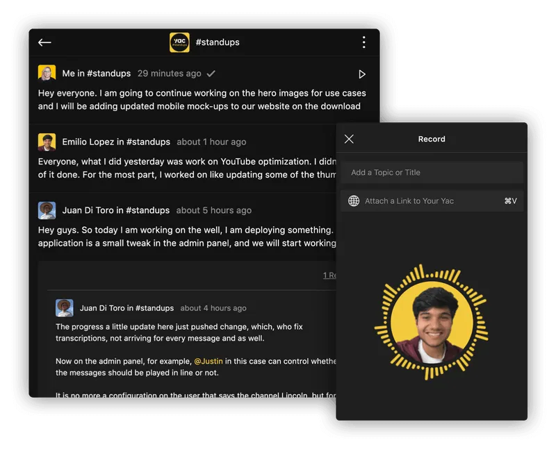 Screenshot showing what recording a yac looks like with Yac's desktop app.