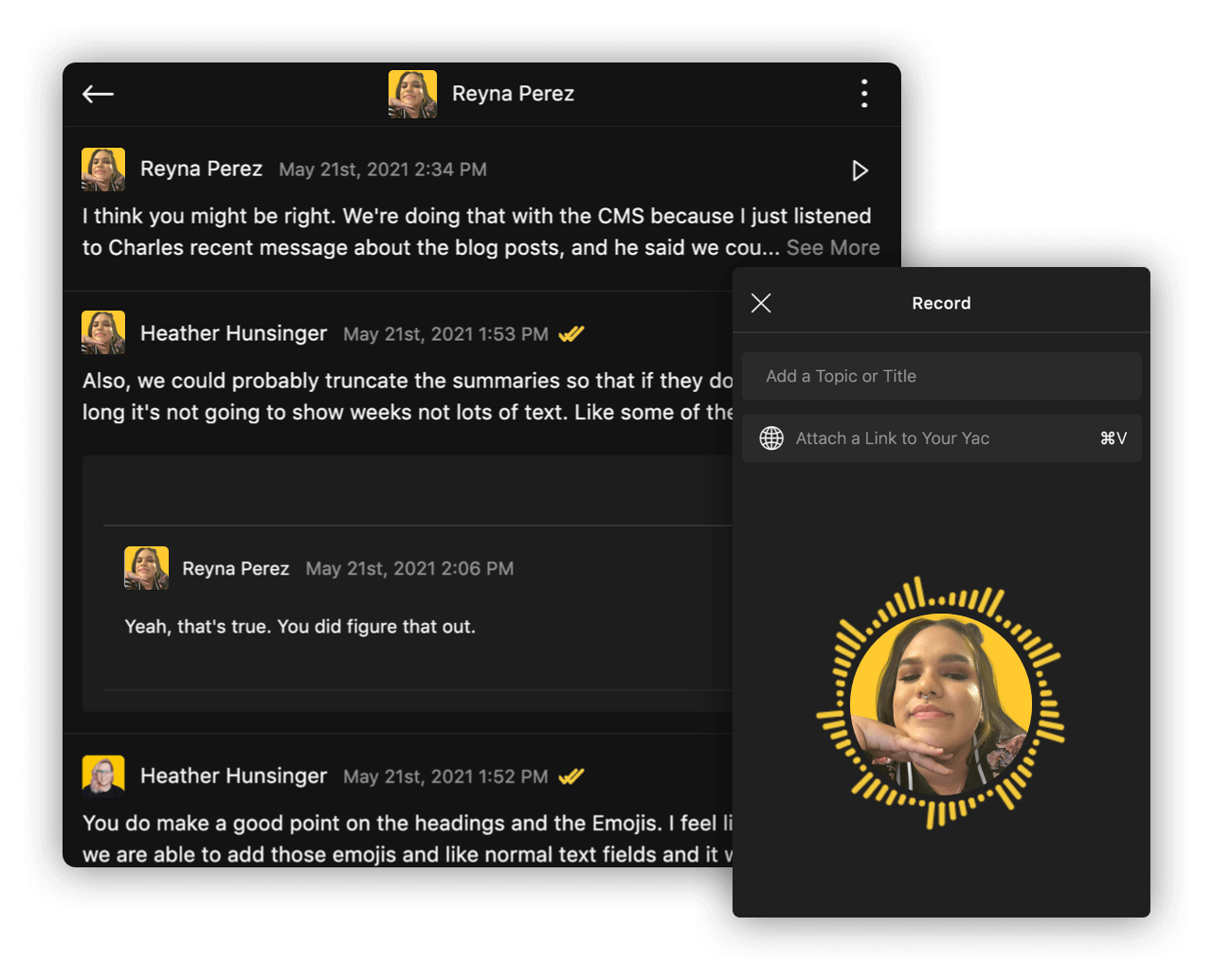 Screenshot showing what recording a yac looks like with Yac's desktop app.