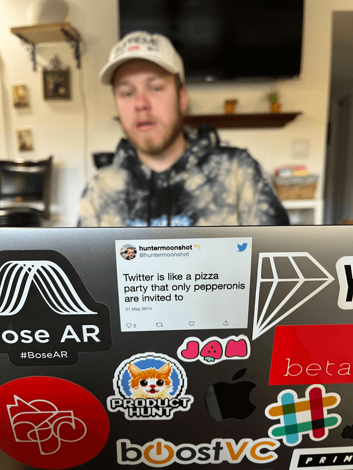 View of Yac Co-founder Hunter and his viral tweet in the foreground during the Hackathon