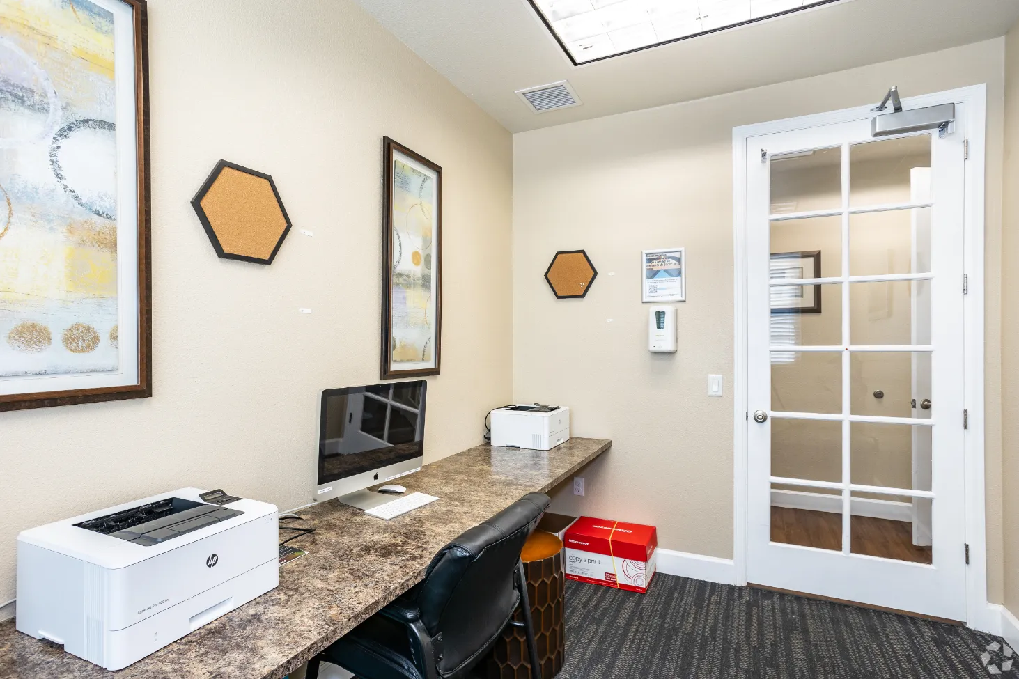 business center with computer and printer