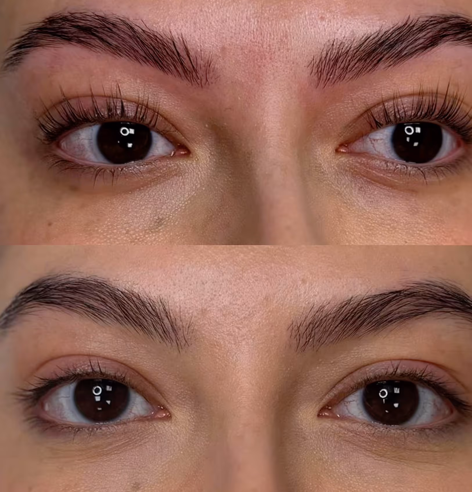 Nahaufnahme eines Gesichts mit Fokus auf die Augenpartie, zeigt Vergleich vor und nach dem Wimpernlifting.