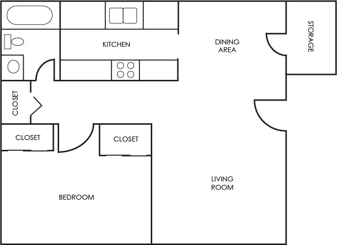 1-BED, 1-BATH floor plan layout