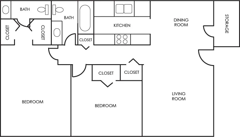 2-bed, 2-bath floor plan layout