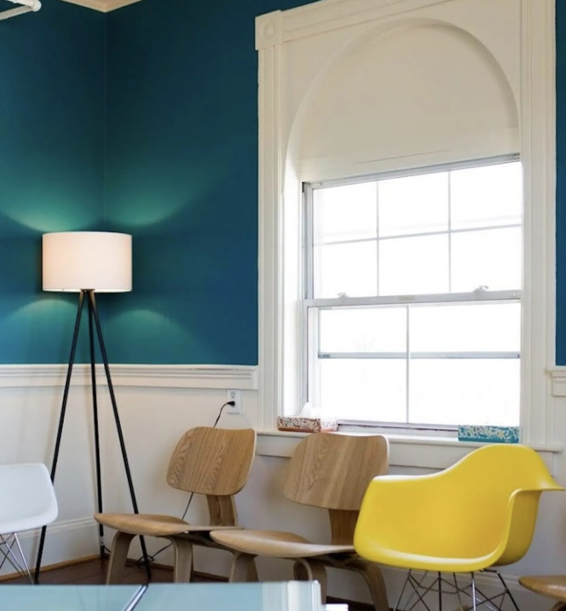 room with multiple chairs lined up against wall with sun coming through window