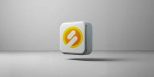 3D app icon with a stylized yellow and white circular logo floating above a gray surface with soft shadow.