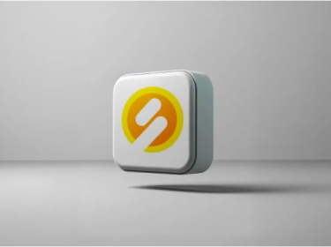 3D square app icon with a stylized yellow and white design on a gray background casting a shadow.