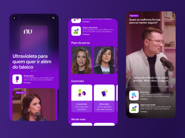 Three mobile screens showing a purple-themed app with ultraviolet skincare tips, expert advice videos, and health-related questions with a man speaking into a microphone.