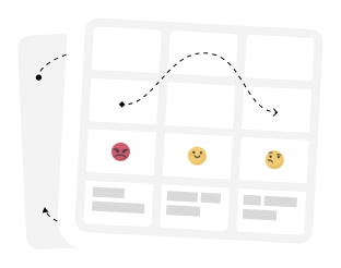 Two overlapping wireframe screens showing emoji reactions and navigation flow arrows.
