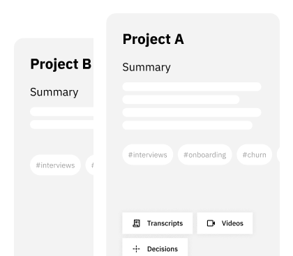 User interface showing overlapping cards labeled Project A and Project B with summary text, tags like #interviews and #onboarding, and buttons for Transcripts, Videos, and Decisions.