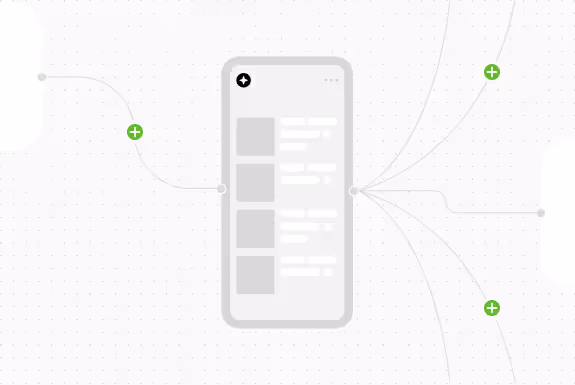 Simplified user interface wireframe connected to multiple nodes with plus icons on a light background.