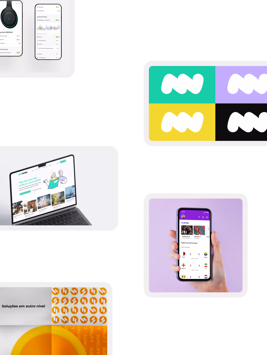 Collage of digital device screens showing app interfaces and colorful brand logo patterns.